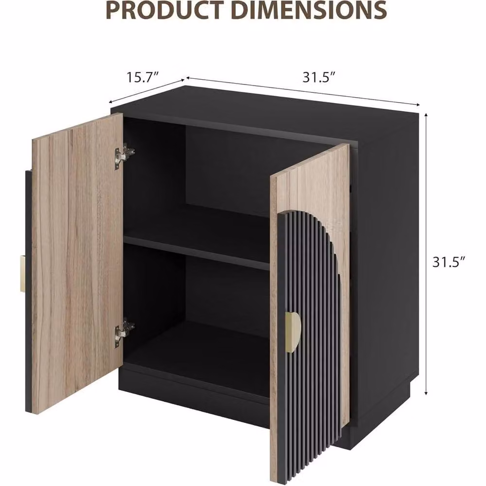 KORVIXA Fluted Sideboard Cabinet with Arched Doors and Gold Handles in Black, W: 100 cm, H: 100 cm – 2