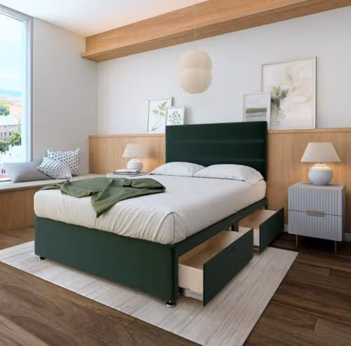 Bedmaster Plush Velvet Upholstered Divan Base and Lined Headboard in Green, Small Single, W/D/H: 75 x 190 x 106 cm – 2