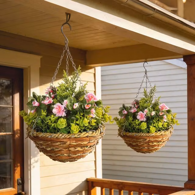 Outsunny 2 Piece Artificial Lisianthus Flower Hanging Planter Basket in Pink – 2