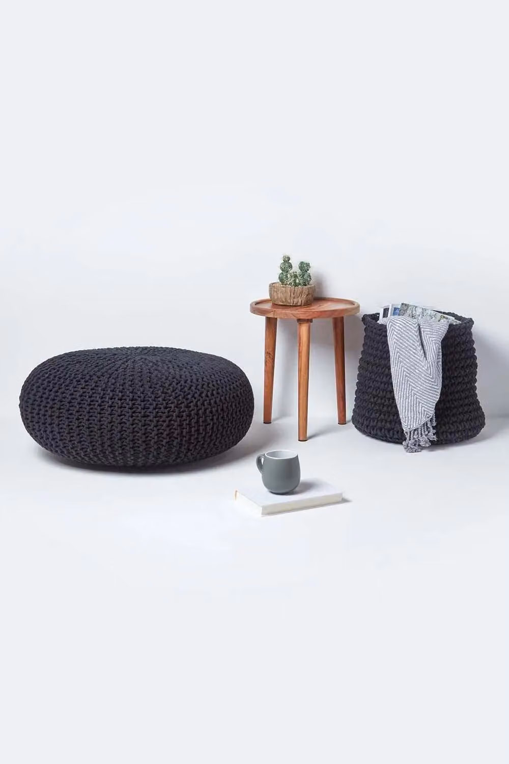 Homescapes Large Round Black Cotton Knitted Pouffe Footstool – 4