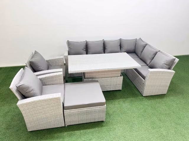 Fimous 9 Seat Rattan Garden Furniture Corner Sofa Set with Stool in Light Grey