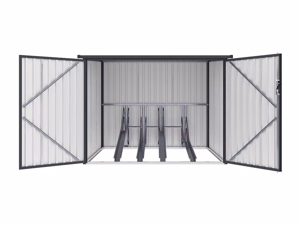 Vente-unique 4-Bike Metal Bike Shed in Brown Walnut Wood Effect, Galvanised Steel Pent Roof Design with Double Doors – 3