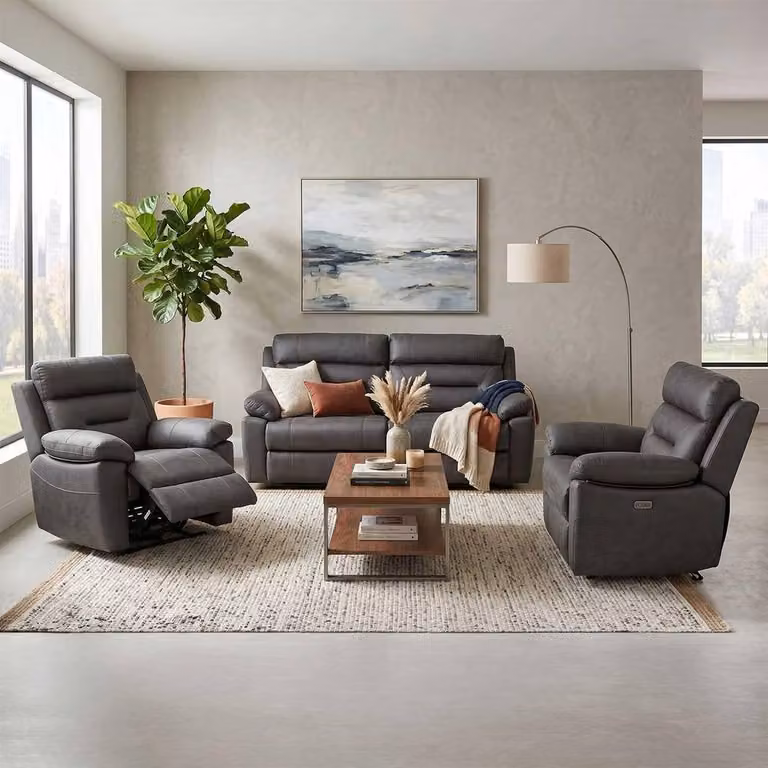 Furnishings For Less UK Lucy 3 Piece Reclining Sofa Suite in Grey with 3 Seater Sofa and 2 Armchairs featuring USB Charging and Motorised Seats