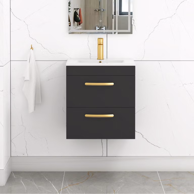 Royal Bathrooms Turin 500mm Wall Hung Vanity Unit in Matt Black with 2 Drawers and Brushed Brass Handles