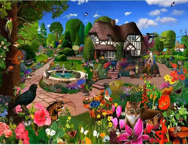 Cats in a Cottage Garden 500 Piece Jigsaw Puzzle in Multicolour and Yellow