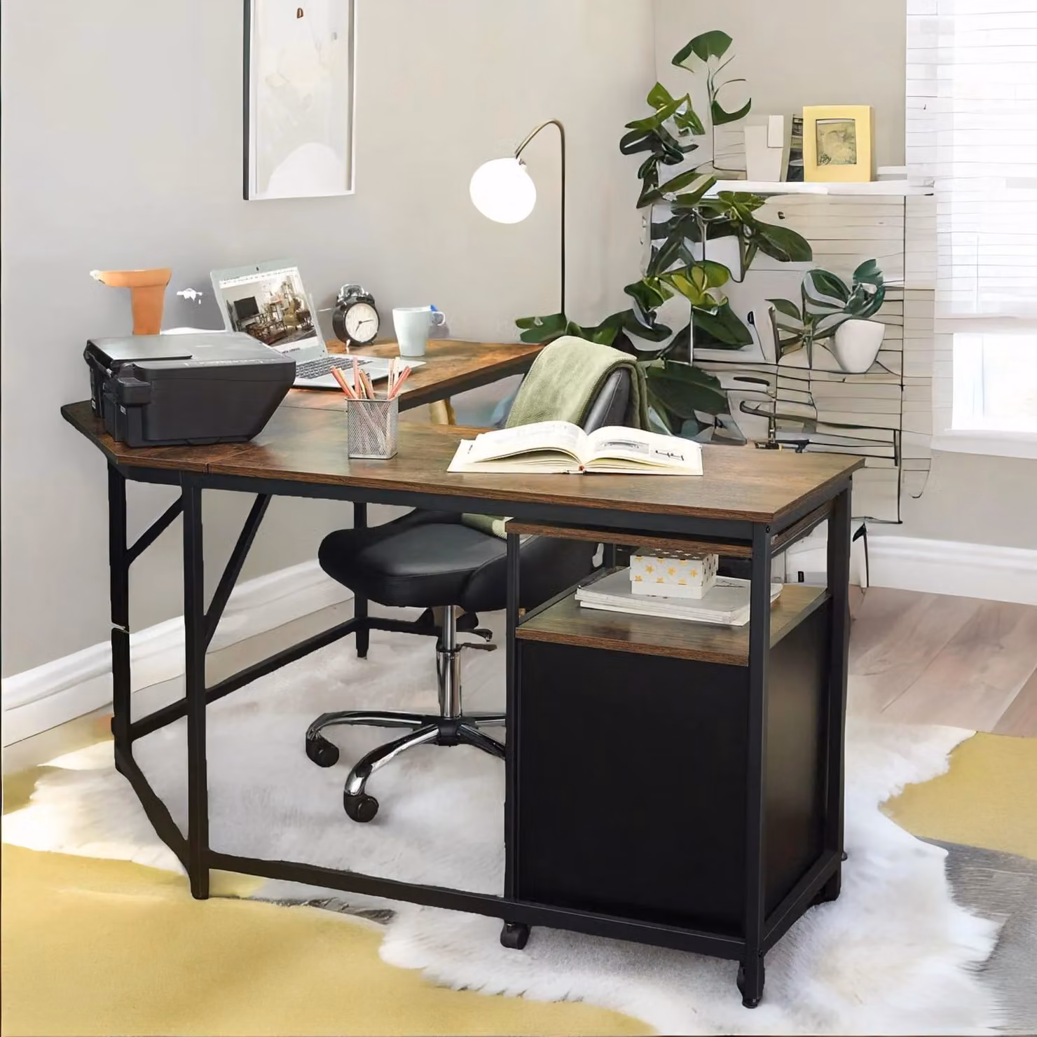 FURNOS Industrial Rustic L-Shaped Corner Computer Desk in Brown – 2