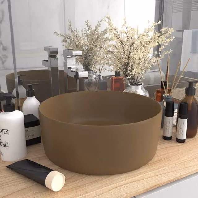 Berkfield Home Luxury Round Ceramic Wash Basin in Matt Beige, W: 40 cm, D: 40 cm, H: 15 cm – 1