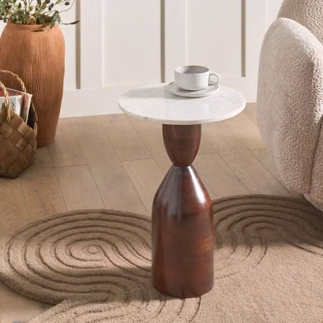 Wyld and Coco Round Side Table with Mango Wood Base and Marble Top in Brown and White