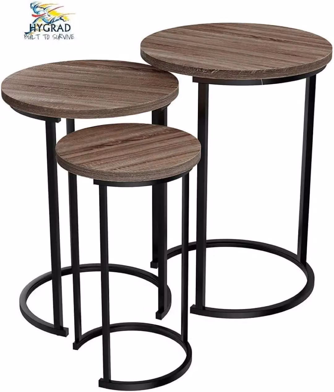 Hygrad Set of 3 Round Vintage Nesting Side Tables in Brown and Black Wood and Steel – 4