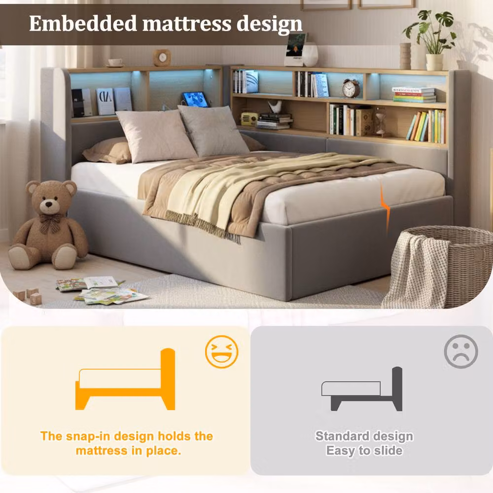 Rolipo Grey Velvet L-Shaped Daybed with Storage, LED Lighting and USB Charging Port, W/D/H: 90 x 190 cm – 3