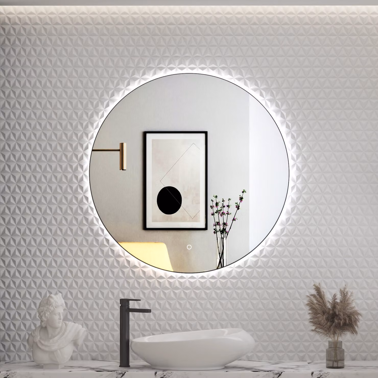 Royal Bathrooms Luton Round Matt Black Backlit LED Illuminated Bathroom Mirror with Demister Pad and Touch Sensor, W: 80 cm, H: 80 cm