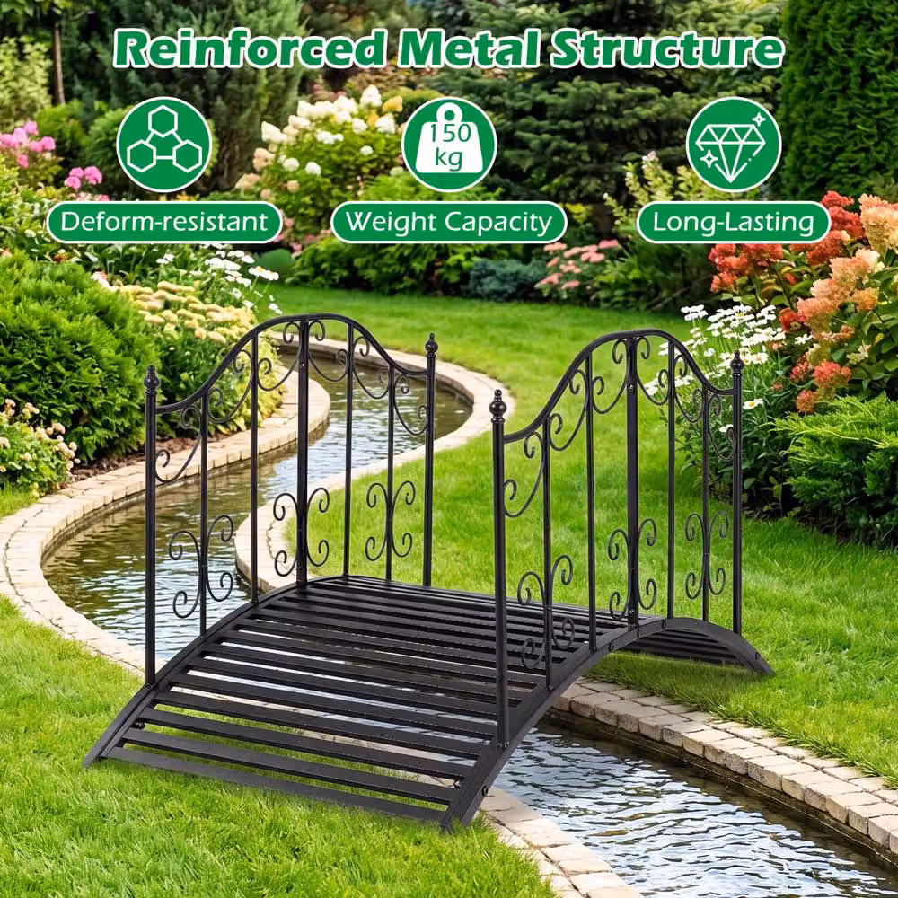 Gymax Arched Garden Bridge with Dual Patterned Metal Side Rails in Black, 118 cm – 5