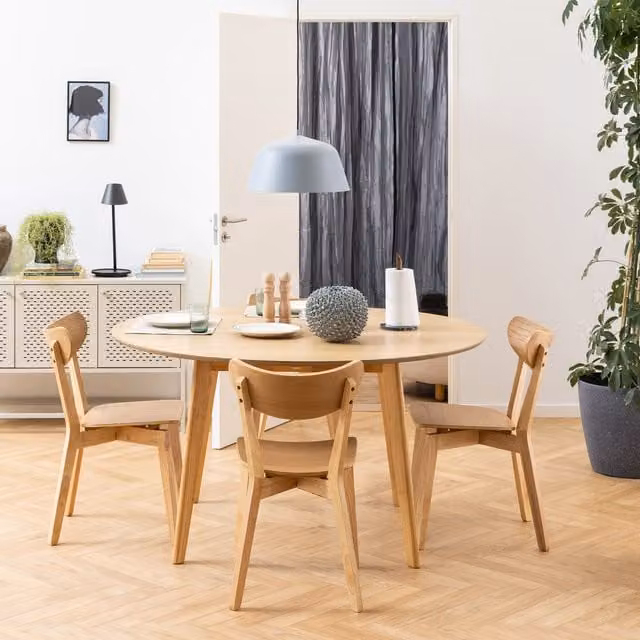 Furniture To Go Roxby Round Dining Table and 4 Chairs Set in Brown Oak Wood, Diameter: 105 cm