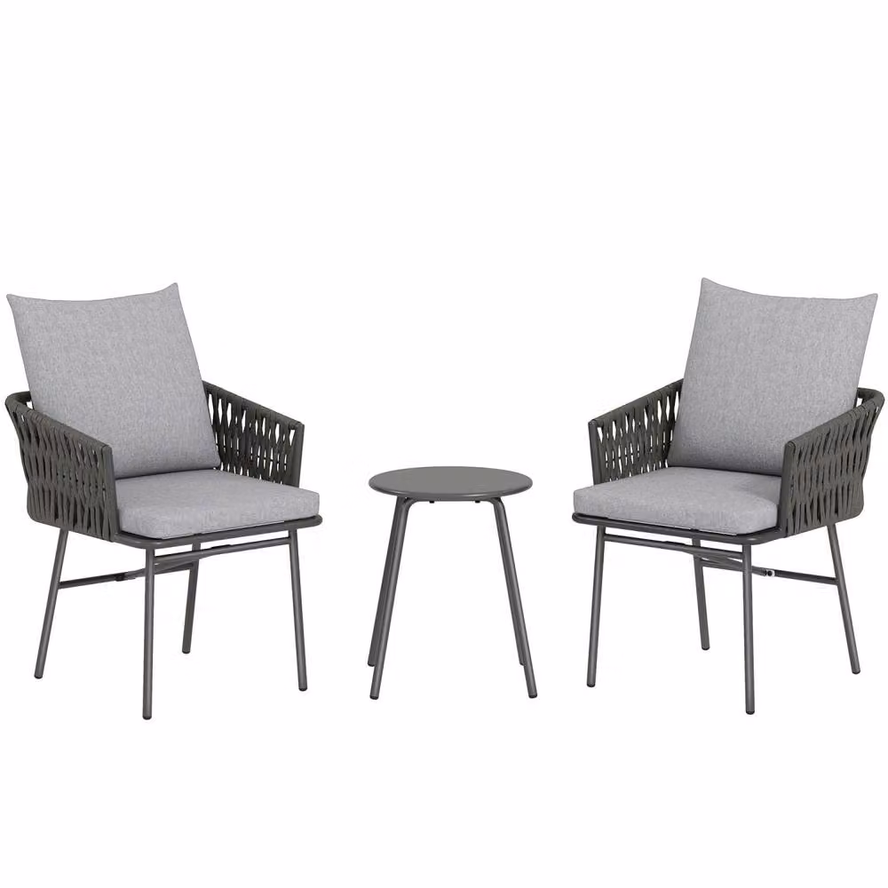 Wyld Haus Grey 3 Piece Rattan Bistro Set with 2 Chairs, Cushions and Glass Table – 2