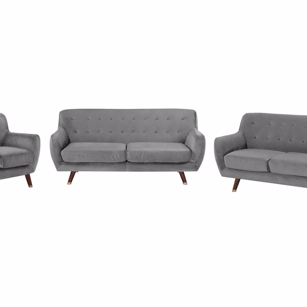 Wyld and Coco Grey Velvet Mid-Century Sofa Set Including 3-Seater, 2-Seater and Armchair with Rubberwood Frame – 2