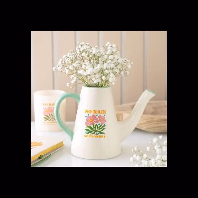 KDMD No Rain No Flowers Ceramic Watering Can and Vase, White, 600ml – 1