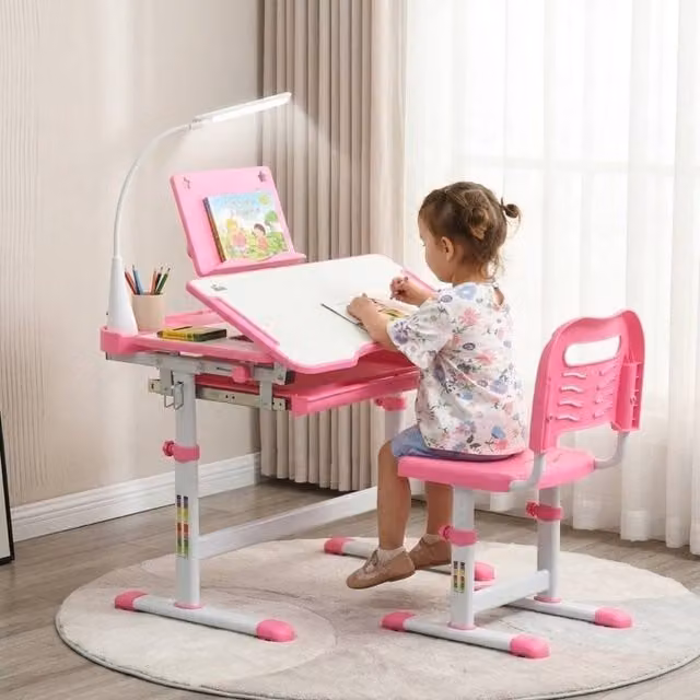 STILVORA Kids Height Adjustable Study Desk and Chair Set in Pink