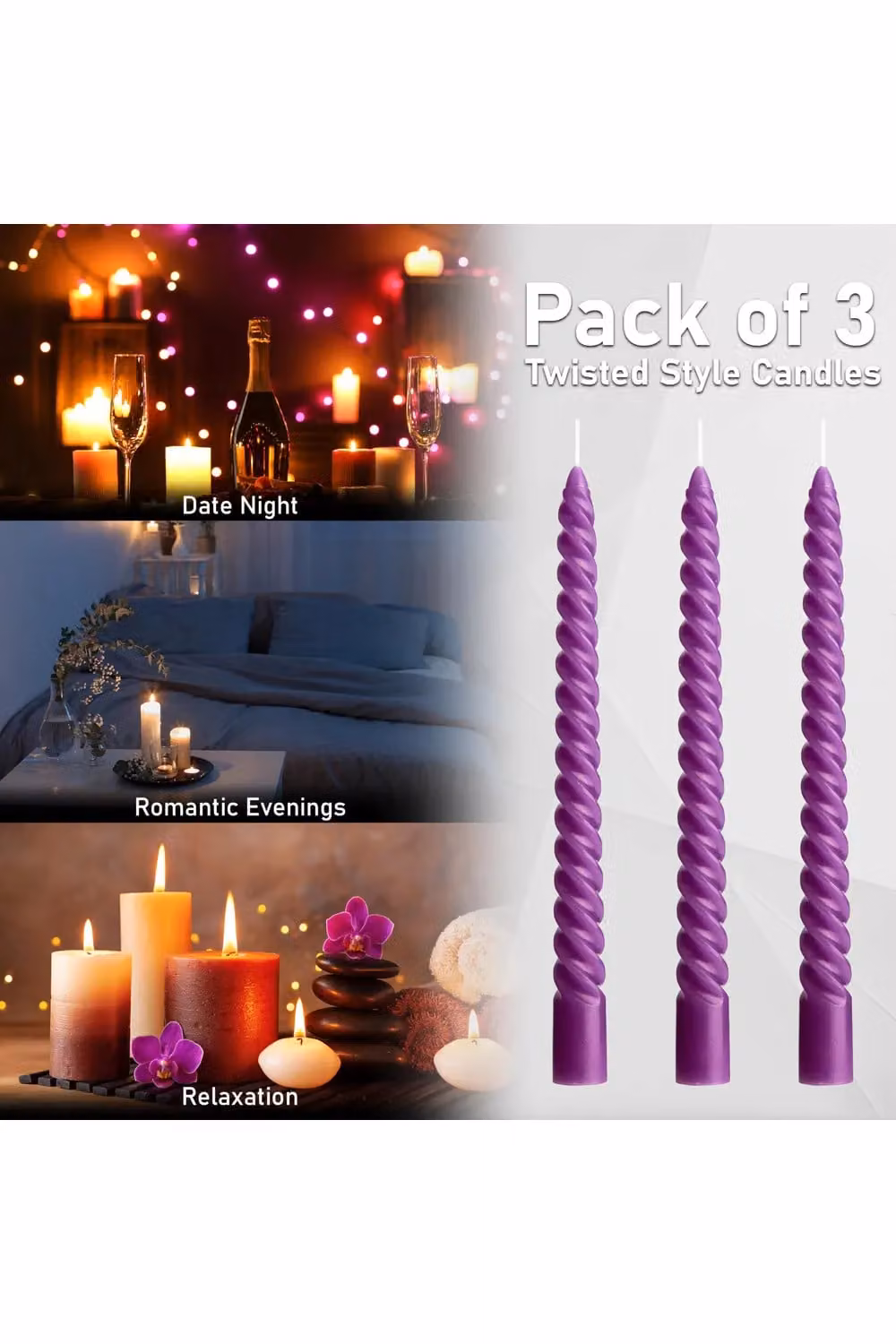 Deco Express Non Scented Twisted Non Drip Dinner Candles, Purple, Pack of 3 – 4