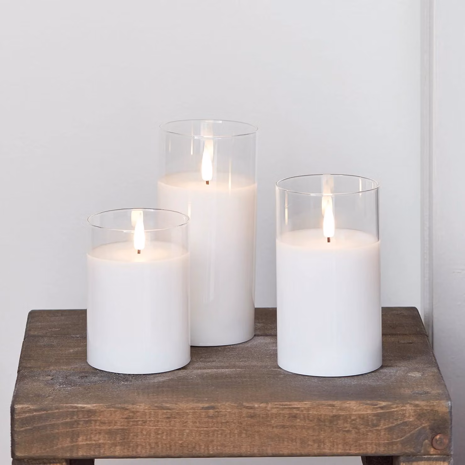 TruGlow® White LED Glass Candle Trio with Remote Control, Flicker Effect and Timer, Round Pillar Style for Tabletop Use