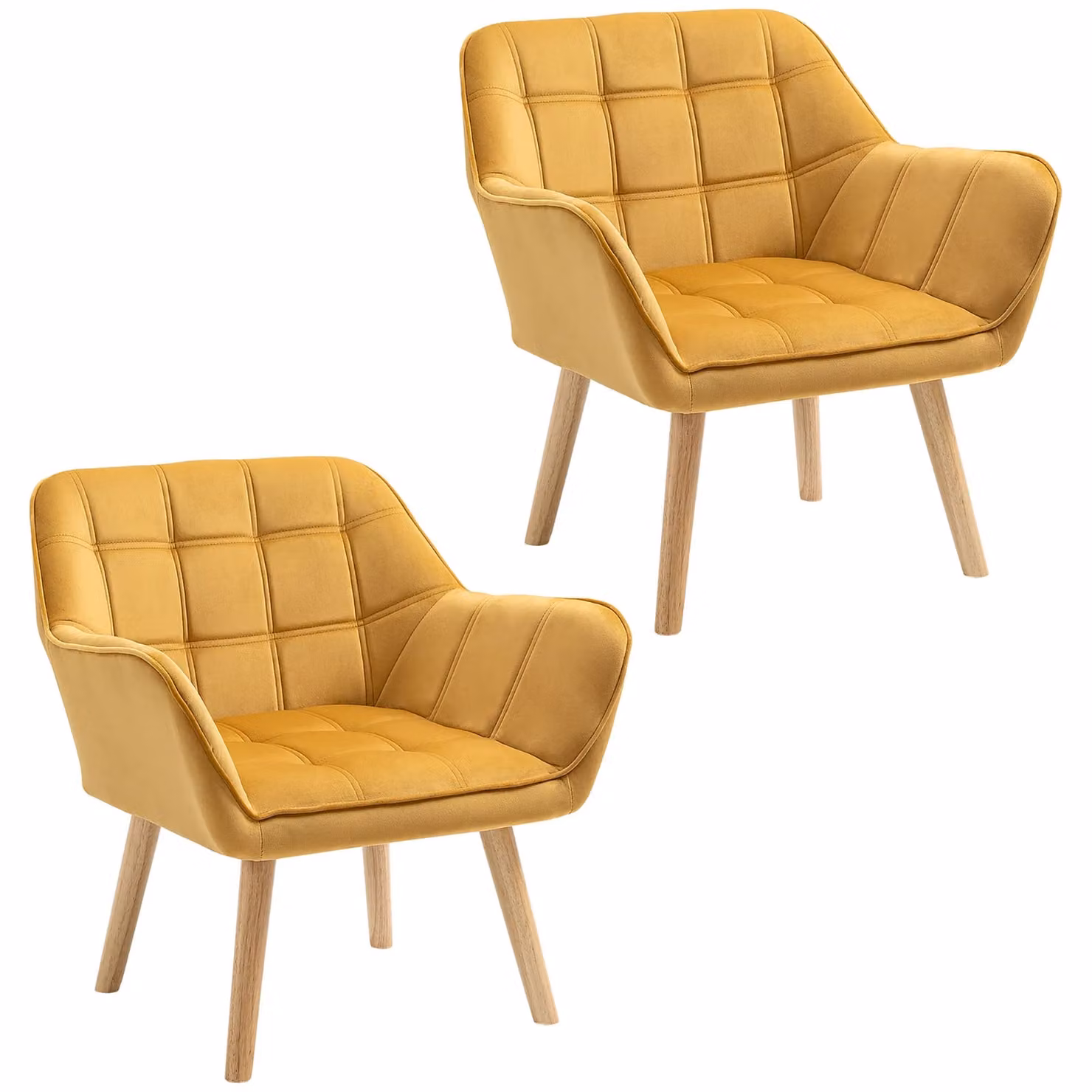 HOMCOM Set of 2 Modern Velvet Accent Armchairs with Metal Frame and Rubberwood Legs in Yellow – 2