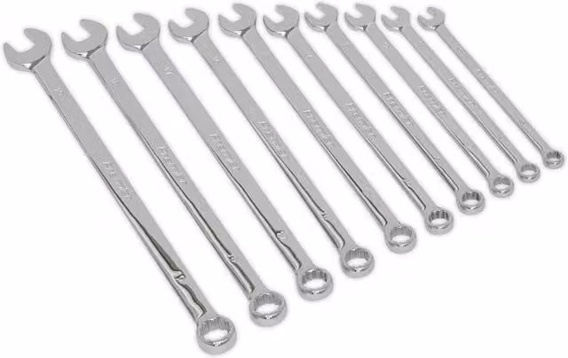 Loops 10-Piece Extra Long Combination Hand Spanner Set, 10 to 19mm Metric, 12-Point Chrome Vanadium Steel, Silver and Multicolour