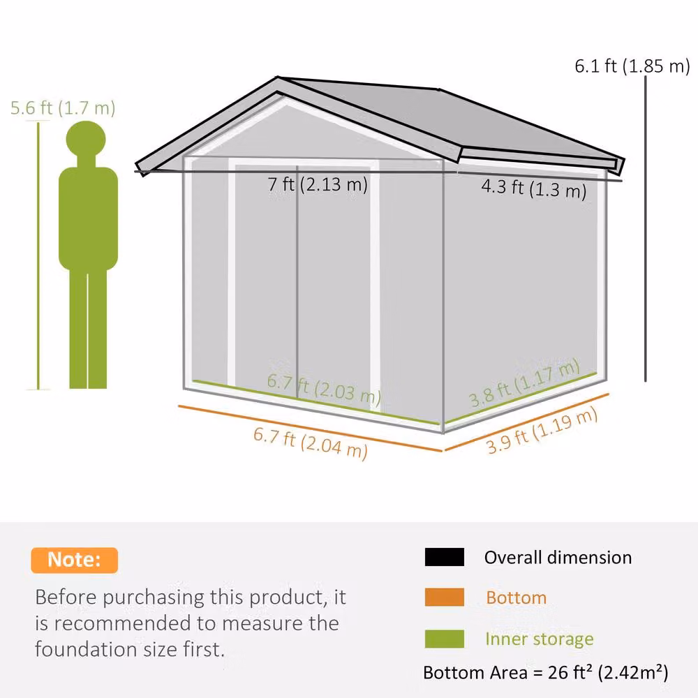 Rolipo Green Metal Garden Shed with Foundation Kit and Double Doors, W/D/H: 213.36 x 121.92 x 185.0 cm – 3