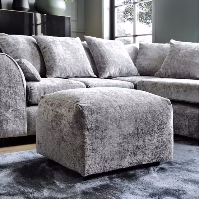 Abakus Direct Harriet Modern Cube Footstool in Grey Crushed Chenille and Velvet