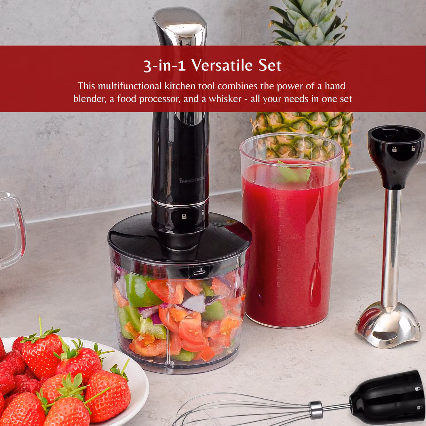 Innoteck 3 in 1 Hand Blender with 500ml Chopping Bowl, 600W, 2 Speed, Black – 2