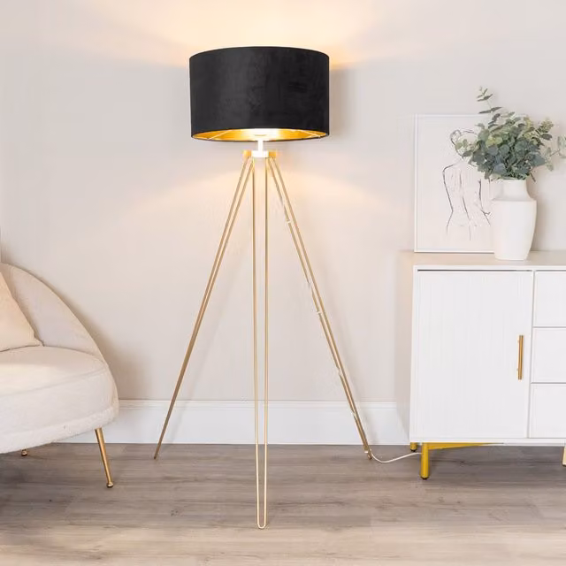 ValueLights Aero Gold Tripod Floor Lamp with Black Velvet Drum Shade and Warm White Bulb – 1