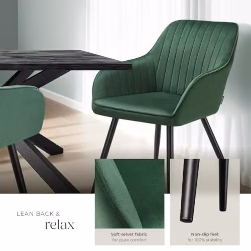tectake Dining Chair with Quilted Velvet-Look Cover and Armrests in Dark Green and Black – 5