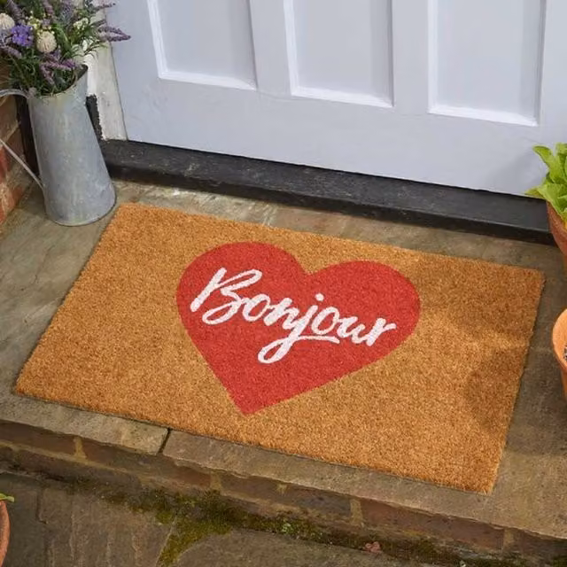 Garden Mile Bonjour Heavy Duty Rectangular Coir Door Mat in Brown, Red and White