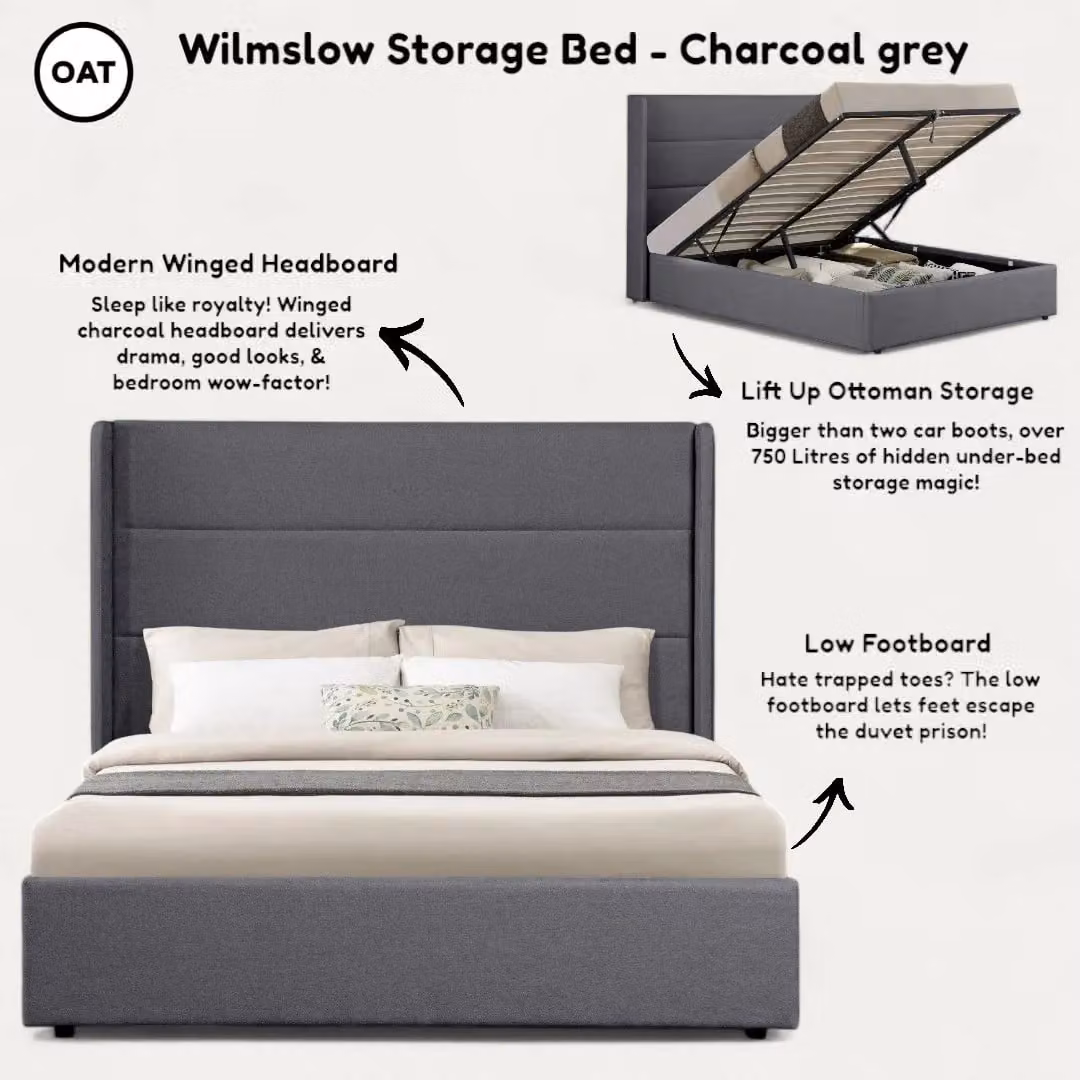 OAT Home Wilmslow Winged Headboard Upholstered Ottoman Storage Bed Frame in Anthracite Grey, W/D/H: 180 x 200 x 166 cm – 8