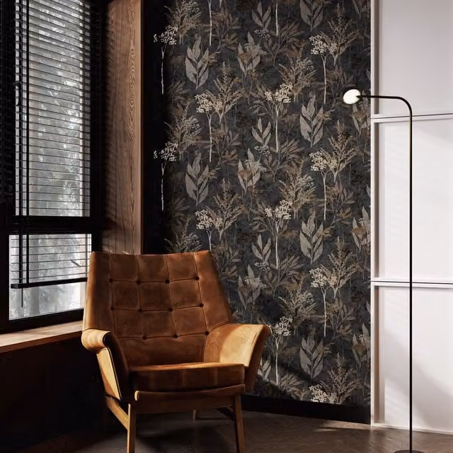 Superfresco Easy Solstice Floral Botanical Wallpaper in Black Matt Finish