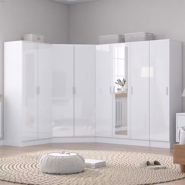 REFLECT White Gloss and Matt White Wardrobe Bundle including Corner, 3-Door, 2-Door and 1-Door Units with Soft-Close Hinged Doors and Mirrors