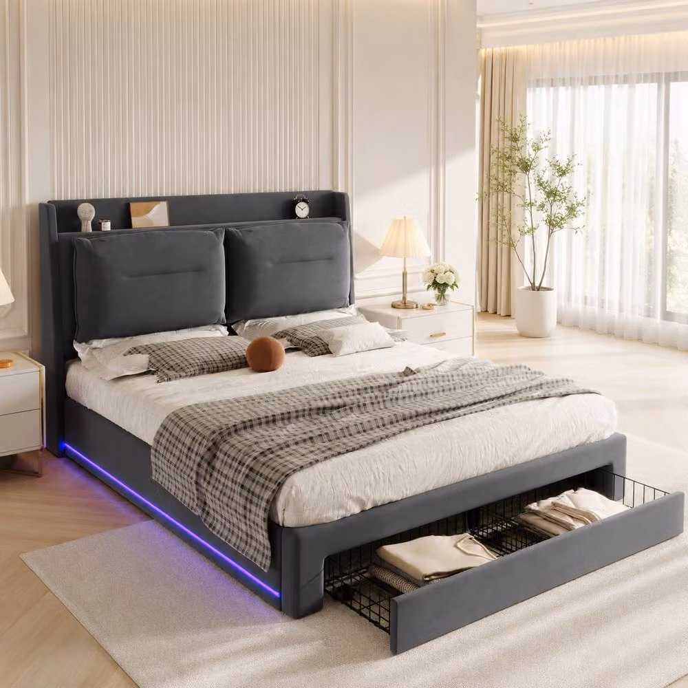 Merax King Size Velvet LED Ottoman Storage Bed with Cushion Headboard in Grey, W/D/H: 150 x 200 cm – 2