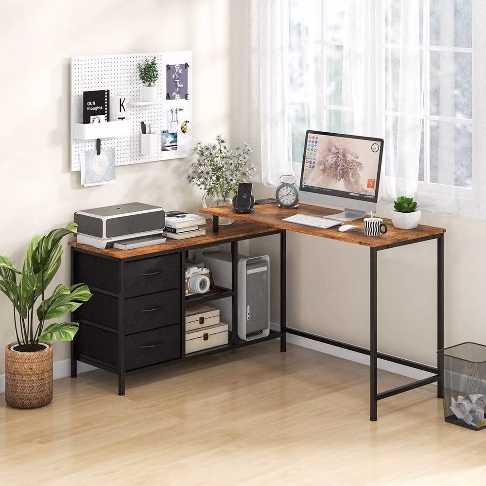 FORGEVIO L-Shaped Corner Computer Desk in Brown with Metal and Wood Finish – 3