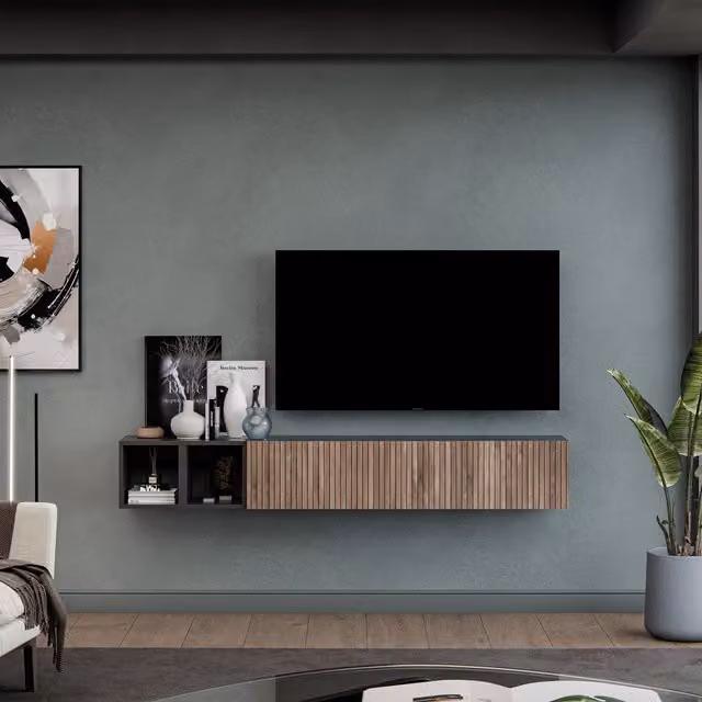 Decorotika Badalona Modern Wall Mounted Entertainment Center in Black and Oak with Geometric Pattern