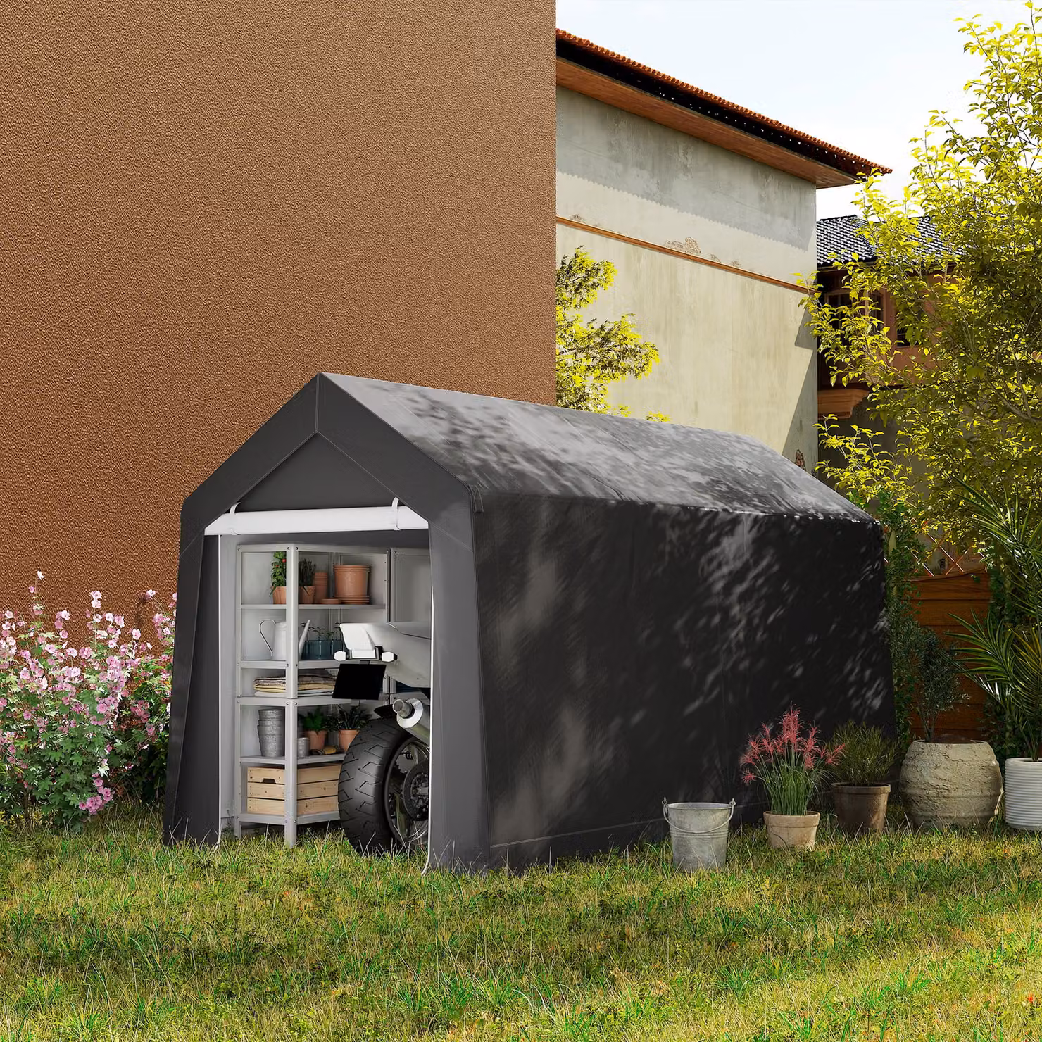 Outsunny Portable Garden Storage Shed with Window and Door in Dark Grey – 2
