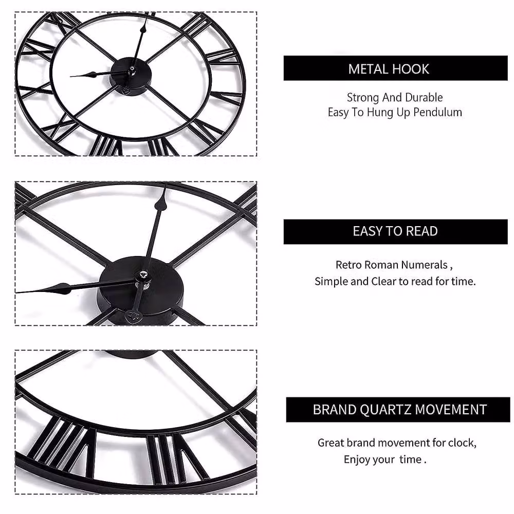 YnysTec Large Skeleton Metal Wall Clock with Roman Numerals in Black, Diameter: 40 cm – 3