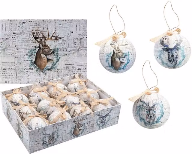 VFM e-Store Antique Stag Christmas Bauble Decoration Set, White, 12 Piece