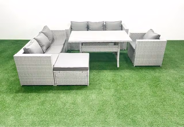 Fimous 5-Piece Outdoor Rattan Sofa Set with Dining Table in Light Grey Mixed Rattan and Dark Grey Fabric