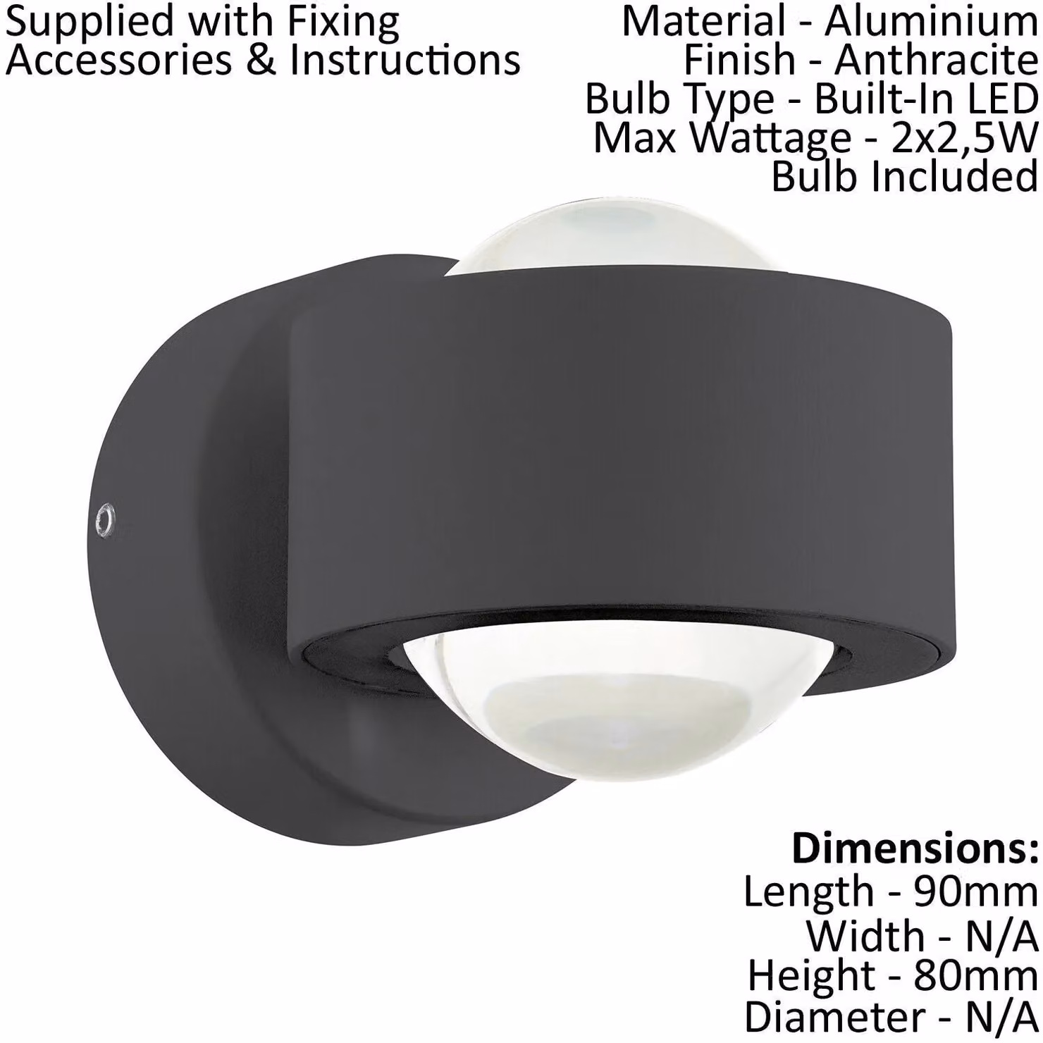 Loops 2 Pack Modern Anthracite and Transparent LED Wall Light with Included Bulbs – 2