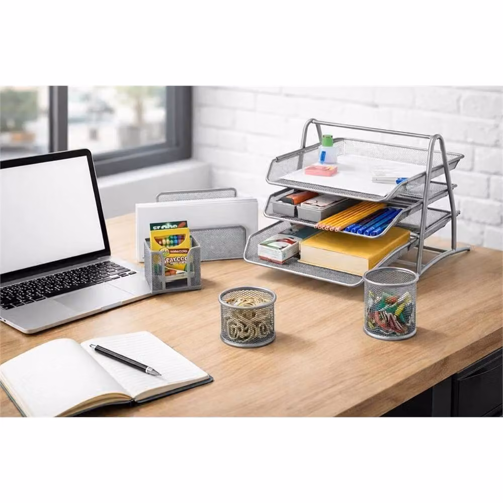 VOGREX Silver Metal Mesh 5 Piece Office Desk Organiser Set with 3 Tier Paper Tray and Pencil Cup – 2