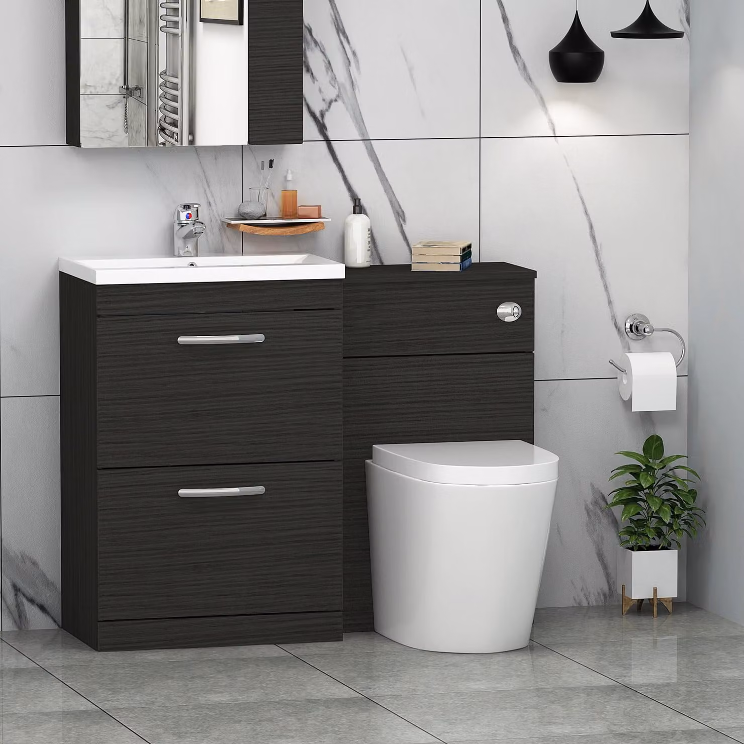Royal Bathrooms Turin 1100mm Hale Black 2-Drawer Mid-Edge Basin and Cesar Back to Wall Toilet Pack