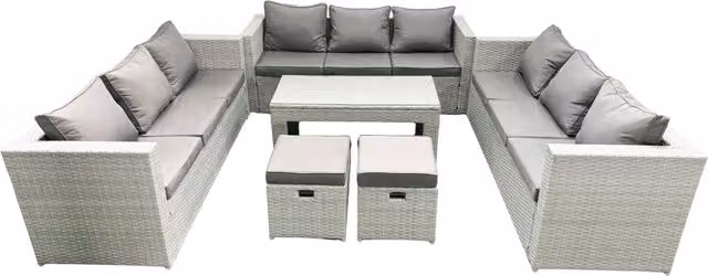 Fimous 11 Seater Rattan Garden Furniture Set with U-Shape Sofa, Oblong Coffee Table and 2 Ottomans in Light Grey