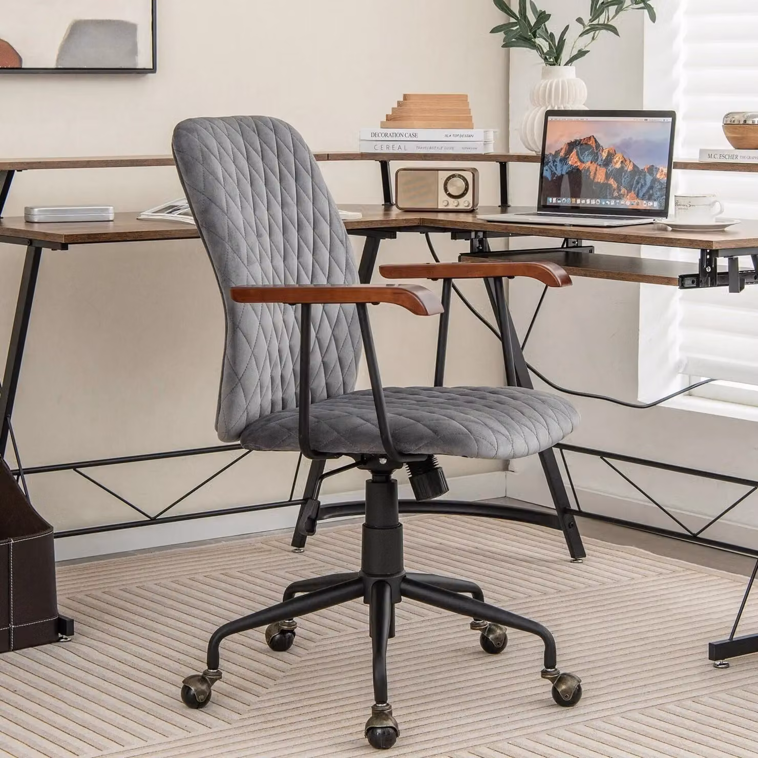 Costway Grey Velvet Swivel Task Chair with Armrests and Castors for Home Office – 2