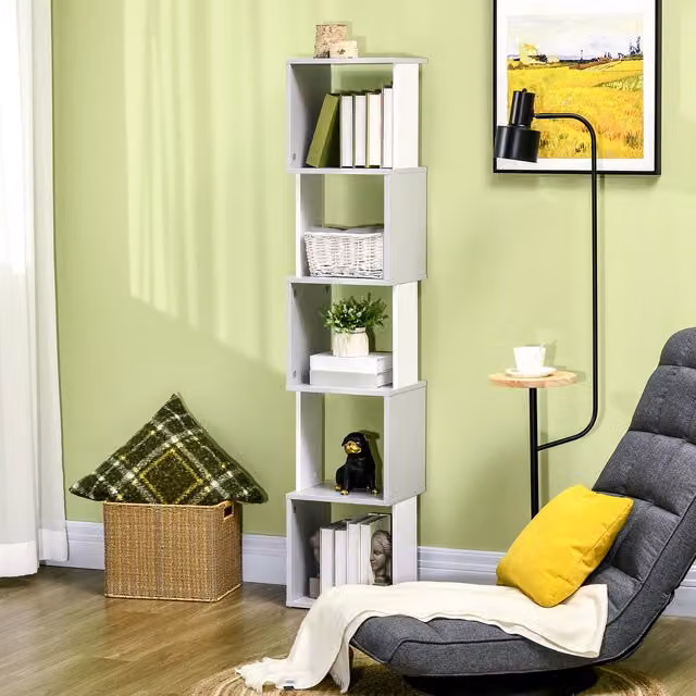 HOMCOM 5-Tier Modern Freestanding Bookshelf and Storage Shelving for Home Office and Living Room in White or Light Grey – 3