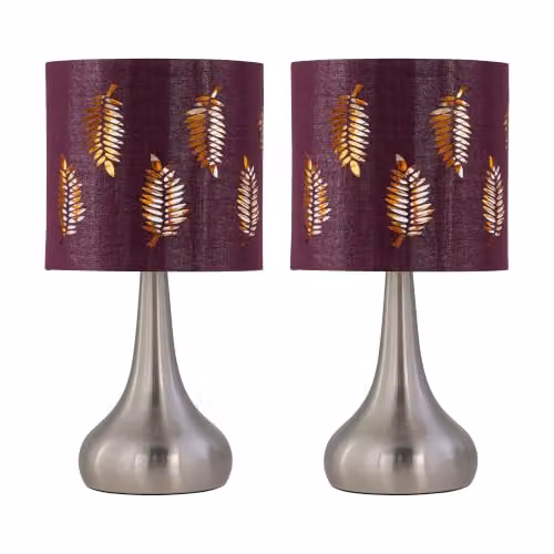 First Choice Lighting Romana Set of 2 Brushed Chrome Touch Table Lamps with Burgundy Fabric Shades – 4