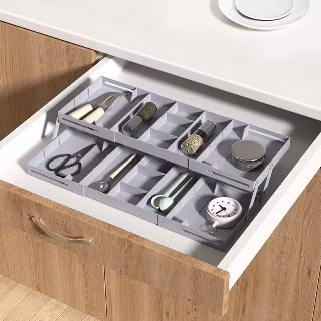 Lifeideas Versatile Expandable 2-Tier Plastic Kitchen Storage Tray with Dividers, Grey