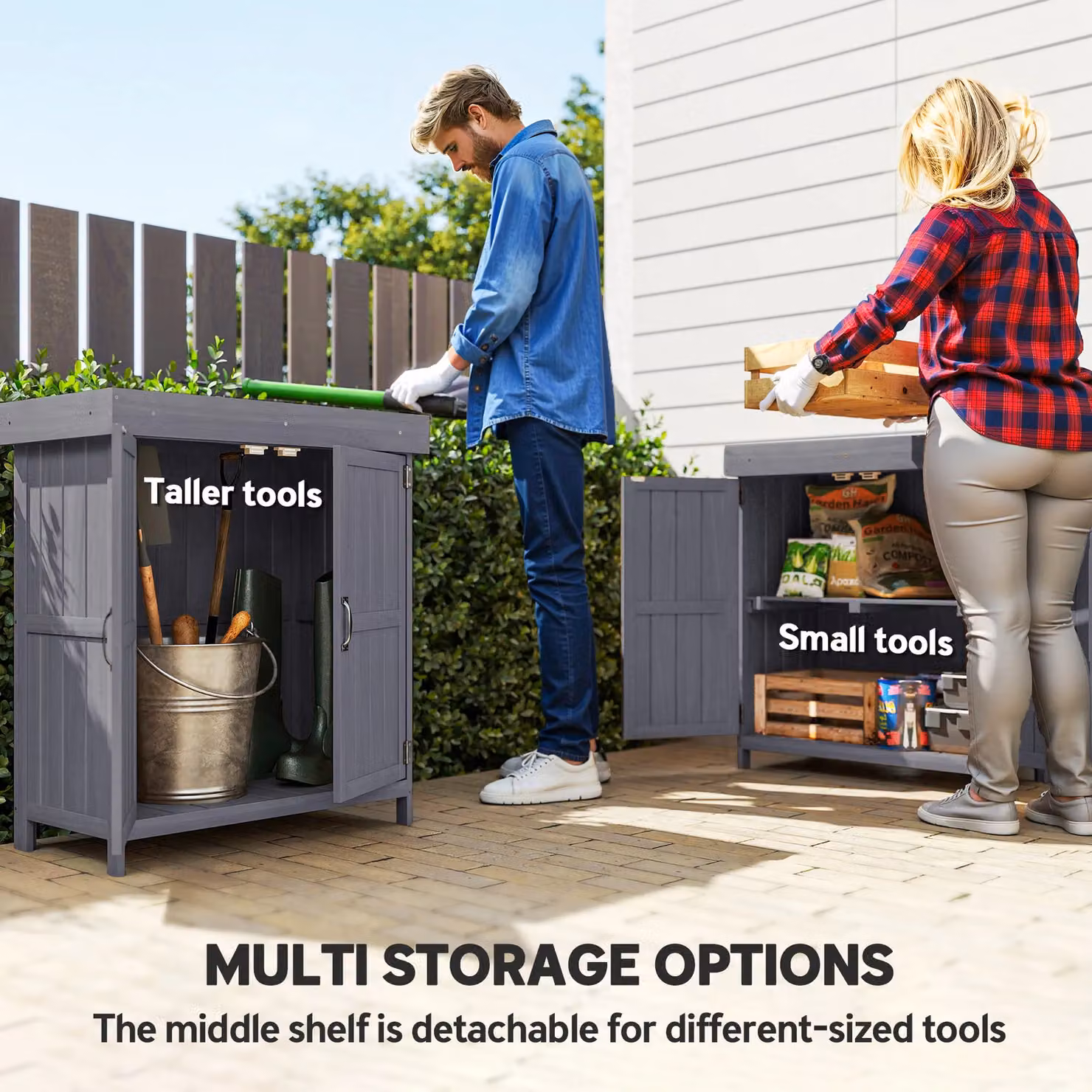 Outsunny Wooden Double Door Garden Storage Shed with Shelving in Grey – 6